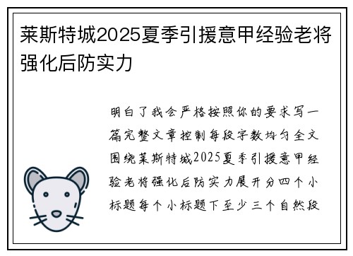 莱斯特城2025夏季引援意甲经验老将强化后防实力
